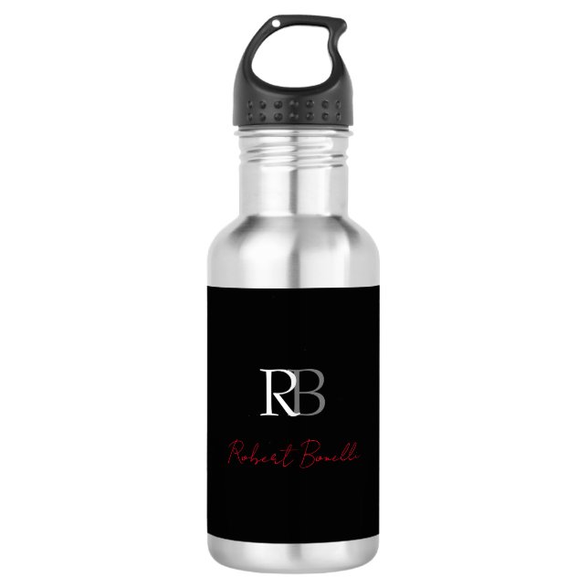 Schlichter Name der Mit Monogramm  Schwarzen Schri Edelstahlflasche (Vorderseite)