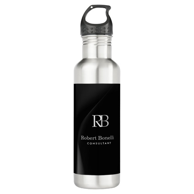 Schlichter Name für moderne graue Monogramm Edelstahlflasche (Vorderseite)