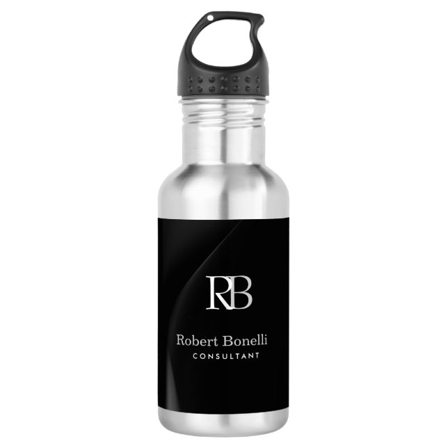 Schlichter Name für moderne graue Monogramm Edelstahlflasche (Vorderseite)