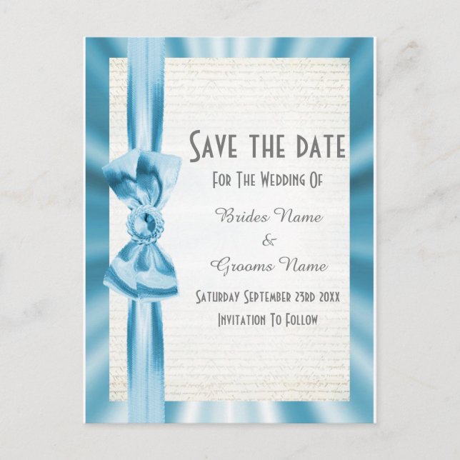 Schlichter pastellblauer Satin-Band Save the Date Ankündigungspostkarte (Vorderseite)
