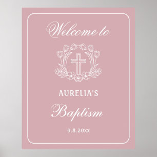 Schlichtes Blumenkreuz auf rosa Taufe Willkommen Poster