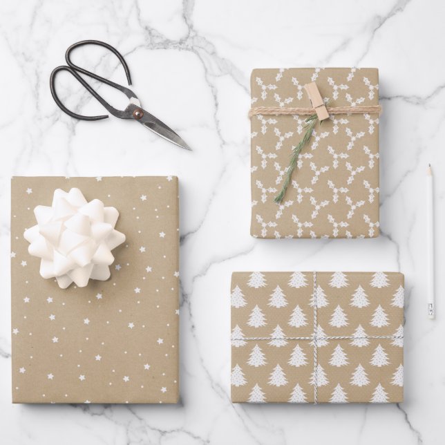 Schlichtes Braunpapier mit Weihnachtsdesigns Geschenkpapier Set (Vorderseite)