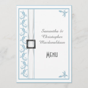 Schlichtes pastellblaues und weißes Hochzeitsmenü Menükarte