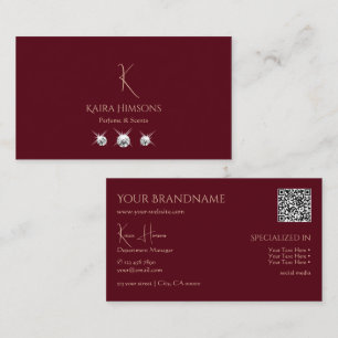 Schlichtes Rot mit Monogram QR-Code und Juwelen Visitenkarte