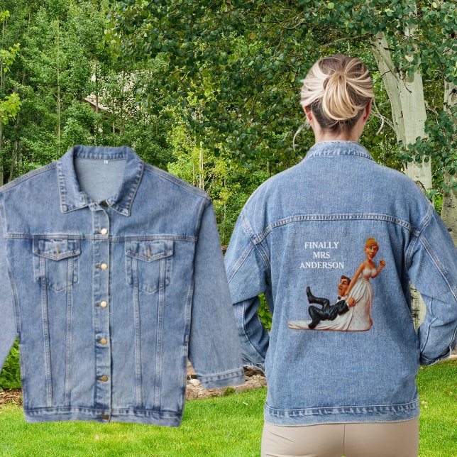 Schließlich Frau Name Funny Figurine Wedding Coupl Jeansjacke (Finally Mrs. Name Funny Figurine Wedding Couple Denim Jacket Front and Back View)
