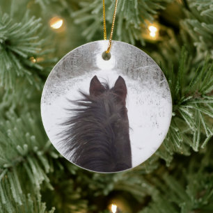Schlittenansicht des schwarzen Pferdes, schneebede Keramik Ornament