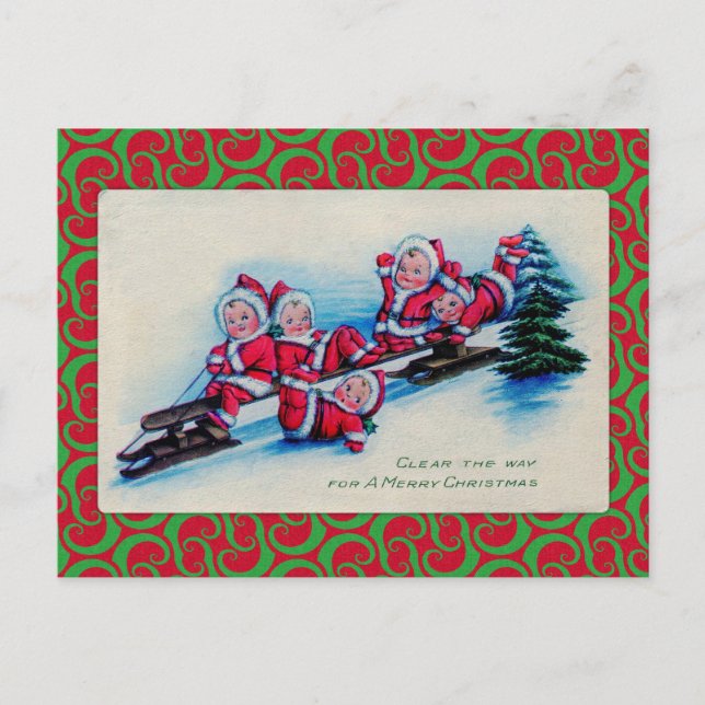Schlittenfahrende Kinder Postkarte (Vorderseite)