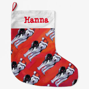 Schlittenhund in der Weihnachtsmannmütze auf Rot Großer Weihnachtsstrumpf