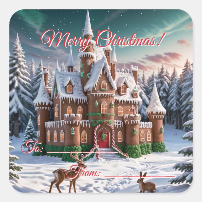 Schloss Gingerbread aus dem Weihnachtswald Quadratischer Aufkleber (Vorderseite)