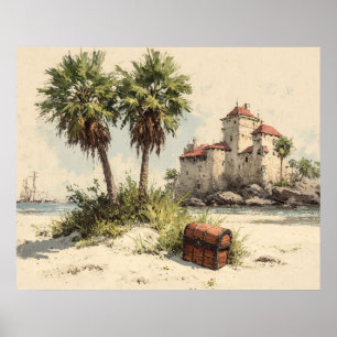 Schloss mit Palmen und versteckter Schatztruhe Poster