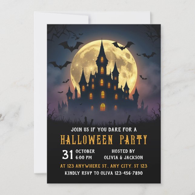 Schloss mit Vollmond, Nacht, Halloween Einladung (Vorderseite)
