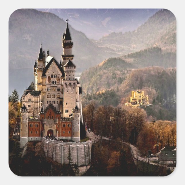 Schloss Neuschwanstein Deutschland Quadratischer Aufkleber (Vorderseite)