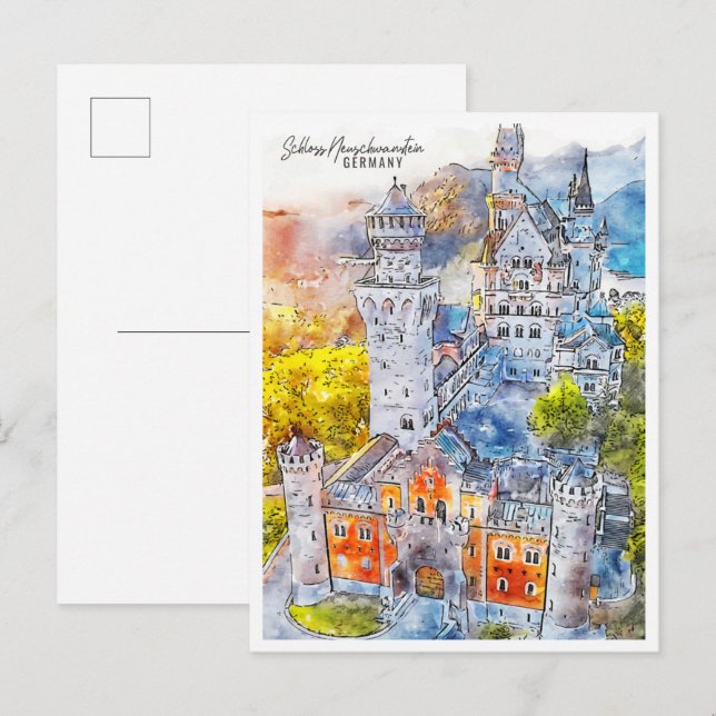 Schloss Neuschwanstein Deutschland - Wasserfarbe Postkarte (Vorne/Hinten)