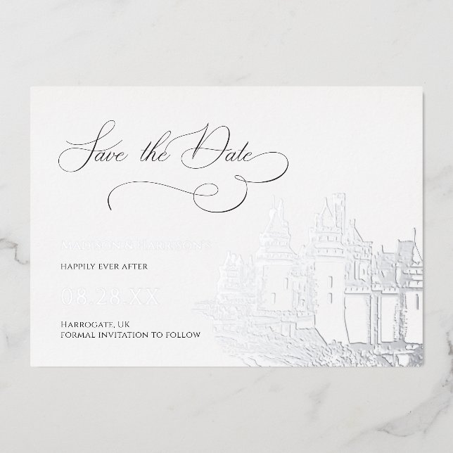Schloss Save the Date Silver Folieneinladung (Vorderseite)