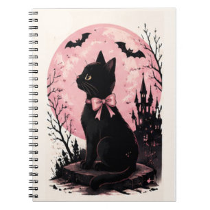 Schloss Schwarze Katze bei rosa Vollmond Notizblock