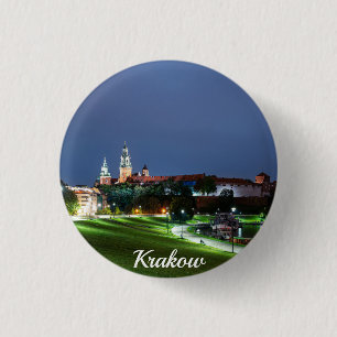 Schloss Wawel in der Nacht in Krakau, Polen Button