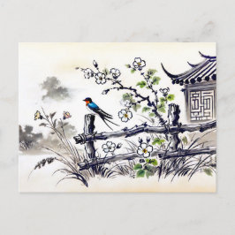 Schlucken auf einem Zaun in chinesischer Tintenzei Postkarte