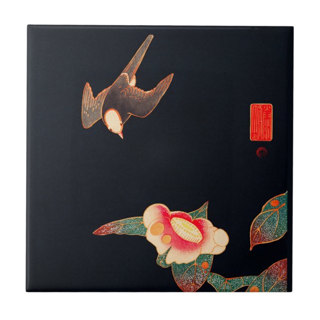 Schlucken und Kamelien Blume Vintag Bird Japanisch Fliese (Vorderseite)