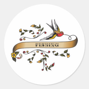 Schlucken und Scroll mit Fischen Runder Aufkleber