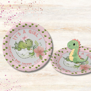 Schlüpfender Dino mit rosa Schleife Baby Shower Te Pappteller