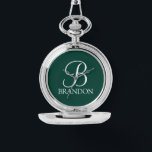Schlüsselanhänger für personalisierte Skriptmonogr Armbanduhr<br><div class="desc">Personalisiert Monogram und Name Gift bieten personalisierte Monogramm im Schriftart-Stil mit weißem klassischem Script und Namen im Stil eines klassischen Serif-Schriftartes auf smaragdgrünem Hintergrund. Perfekt als Urlaubsgeschenke,  Familienfavoriten und für alle besondere Anlässe Wiedersehen.</div>
