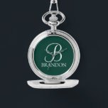 Schlüsselanhänger für personalisierte Skriptmonogr Armbanduhr<br><div class="desc">Personalisiert Monogram und Name Gift bieten personalisierte Monogramm im Schriftart-Stil mit weißem klassischem Script und Namen im Stil eines klassischen Serif-Schriftartes auf smaragdgrünem Hintergrund. Perfekt als Urlaubsgeschenke,  Familienfavoriten und für alle besondere Anlässe Wiedersehen.</div>