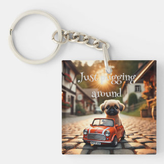 Schlüsselanhänger Mops im Mini Morris Auto
