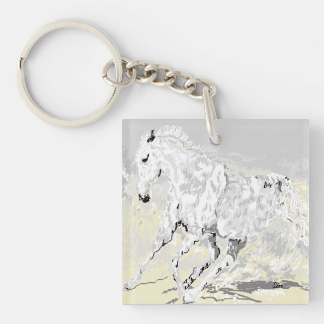 Schlüsselanhänger Weißer Stallion in Bewegung (Vorderseite)