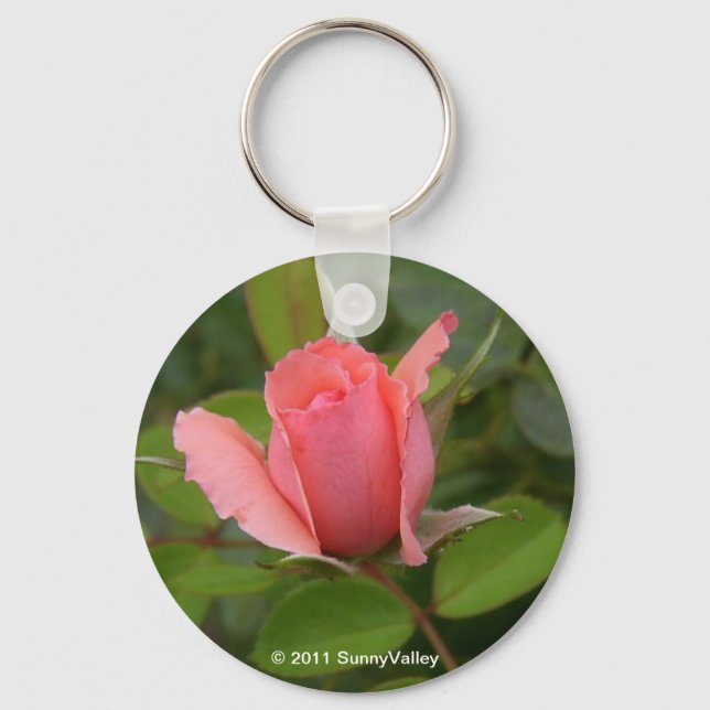 Schlüsselanhänger: Wertvolle rosa Rosenknospe Schlüsselanhänger (Vorderseite)