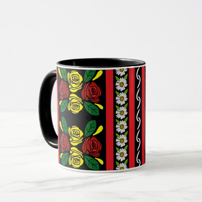 Schmalboot rote gelbe Rosen Blumenmuster Tasse (Vorderseite Links)