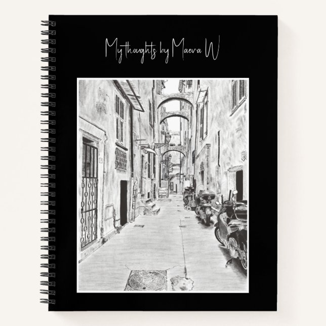 Schmale italienische Straße - Schwarz-Weiß-Kunst Notizbuch (Vorderseite)