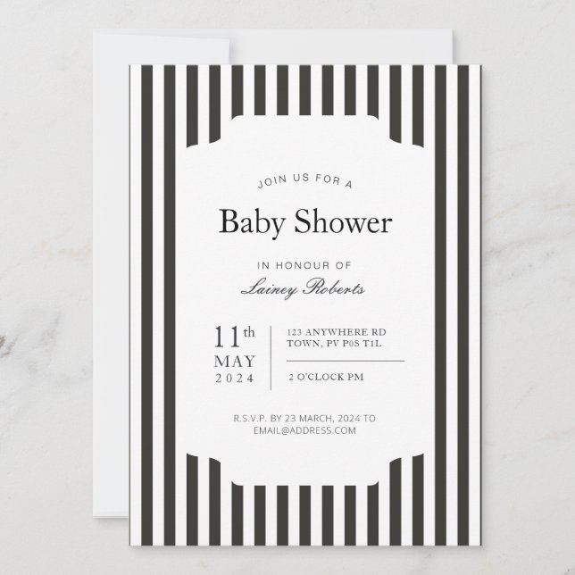 Schmaler schwarzer und weißer vertikaler Sandstrei Einladung (Vorderseite)