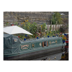 Schmales Boot und Garten mit Blumen Poster
