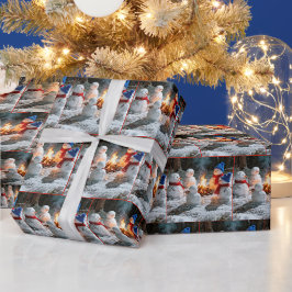 Schmelzende Schneemänner sitzen um ein Lagerfeuer Geschenkpapier
