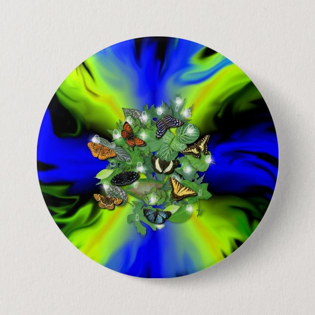 Schmetterling auf blaugrünem Regenbogen mit Sterne Button (Vorderseite)