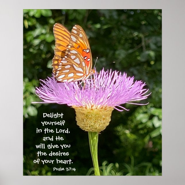 Schmetterling auf Blume mit Vers aus Psalm 37:4 Poster (Vorne)