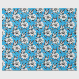 Schmetterling auf Blume Muster Blaues Design Geschenkpapier