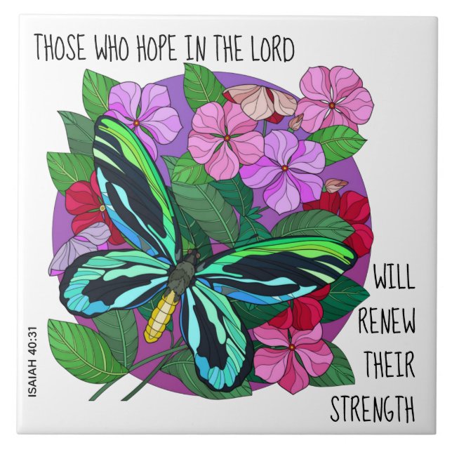 Schmetterling auf Blume, wir Vers von Isaiah 40:31 Fliese (Vorderseite)