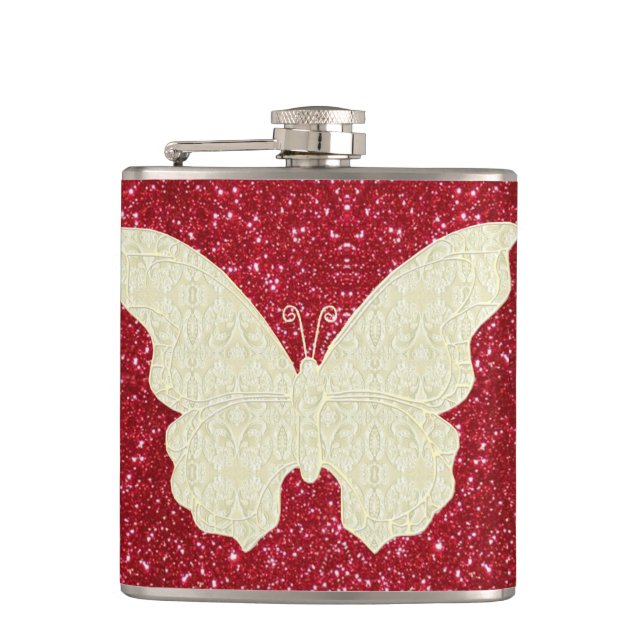 Schmetterling auf dem roten Glitzer Flachmann (Vorderseite)