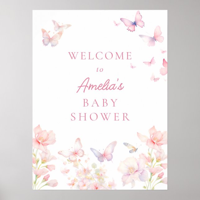 Schmetterling auf dem Weg Pink Baby Dusche Begrüßu Poster (Vorne)