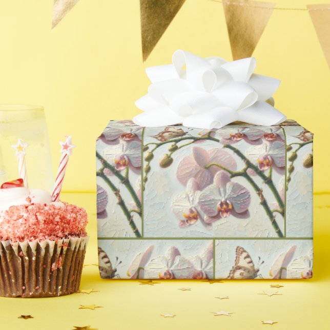 Schmetterling auf einem Orchideengemälde Geschenkpapier (Geburtstagsparty)