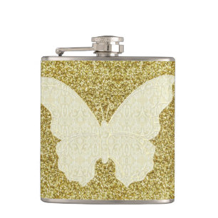 Schmetterling auf Gold Glitzer Flask Flachmann