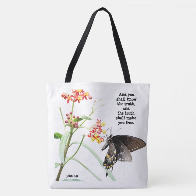 Schmetterling auf Milchweed, mit Verse (John 8:32) Tasche (Vorderseite)