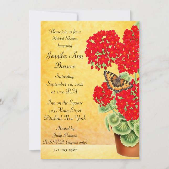 Schmetterling auf Pelargonie-Blumen-Brautparty Einladung (Vorderseite)