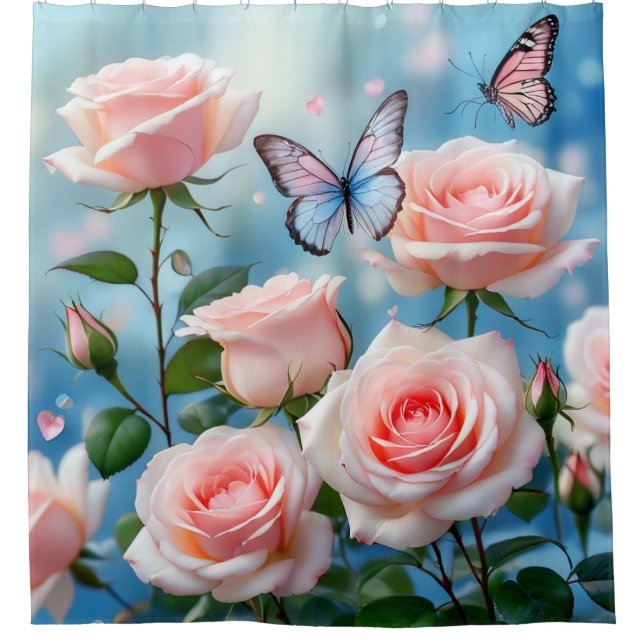 Schmetterling auf rosa Blume Duschvorhang (Vorderseite)