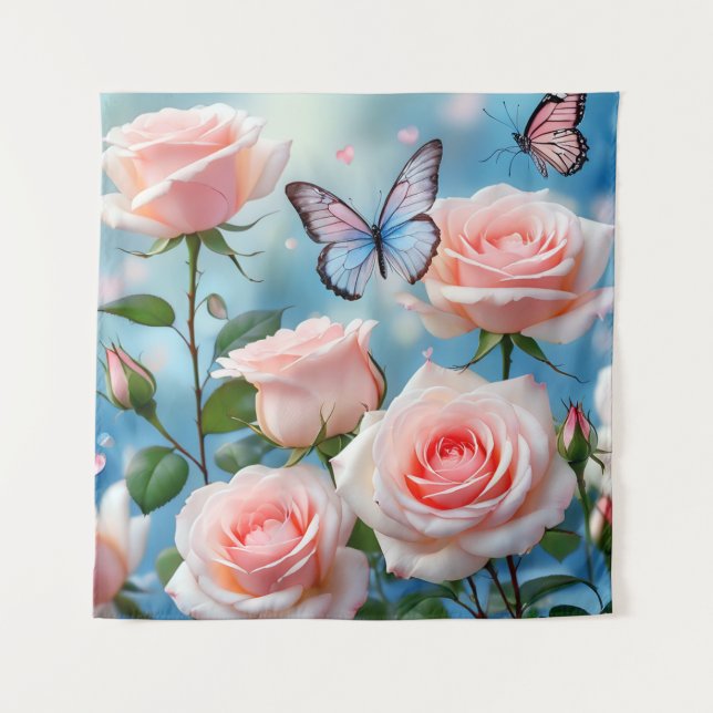 Schmetterling auf rosa Blume Wandteppich (Vorderseite)