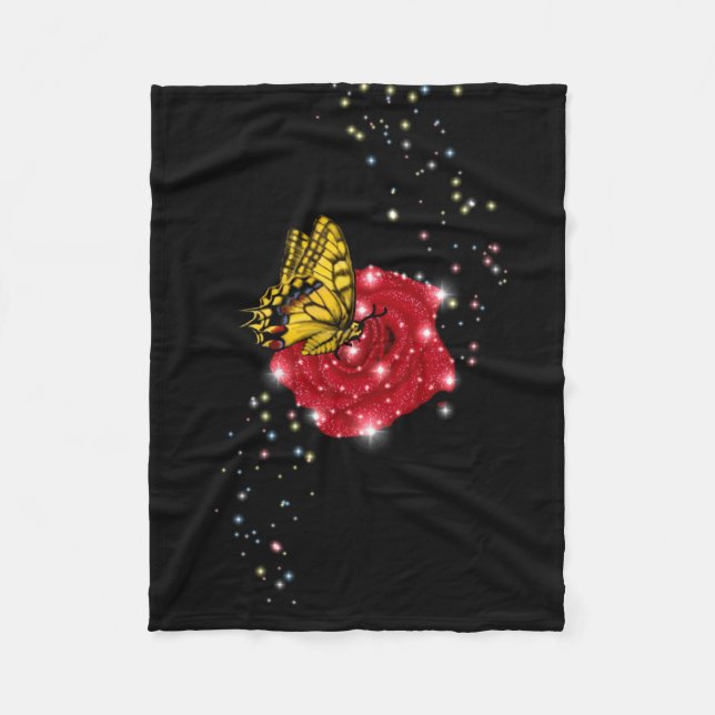 Schmetterling auf rote Rose mit Sternen und Regent Fleecedecke (Vorderseite)
