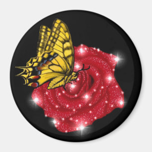 Schmetterling auf rote Rose mit Sternen und Regent Magnet