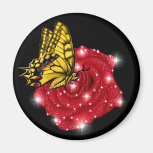 Schmetterling auf rote Rose mit Sternen und Regent Magnet