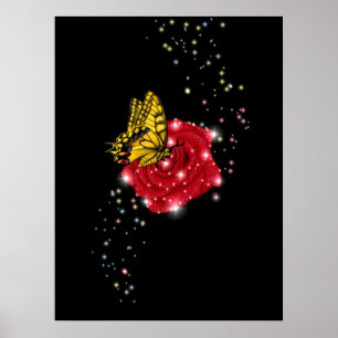 Schmetterling auf rote Rose mit Sternen und Regent Poster